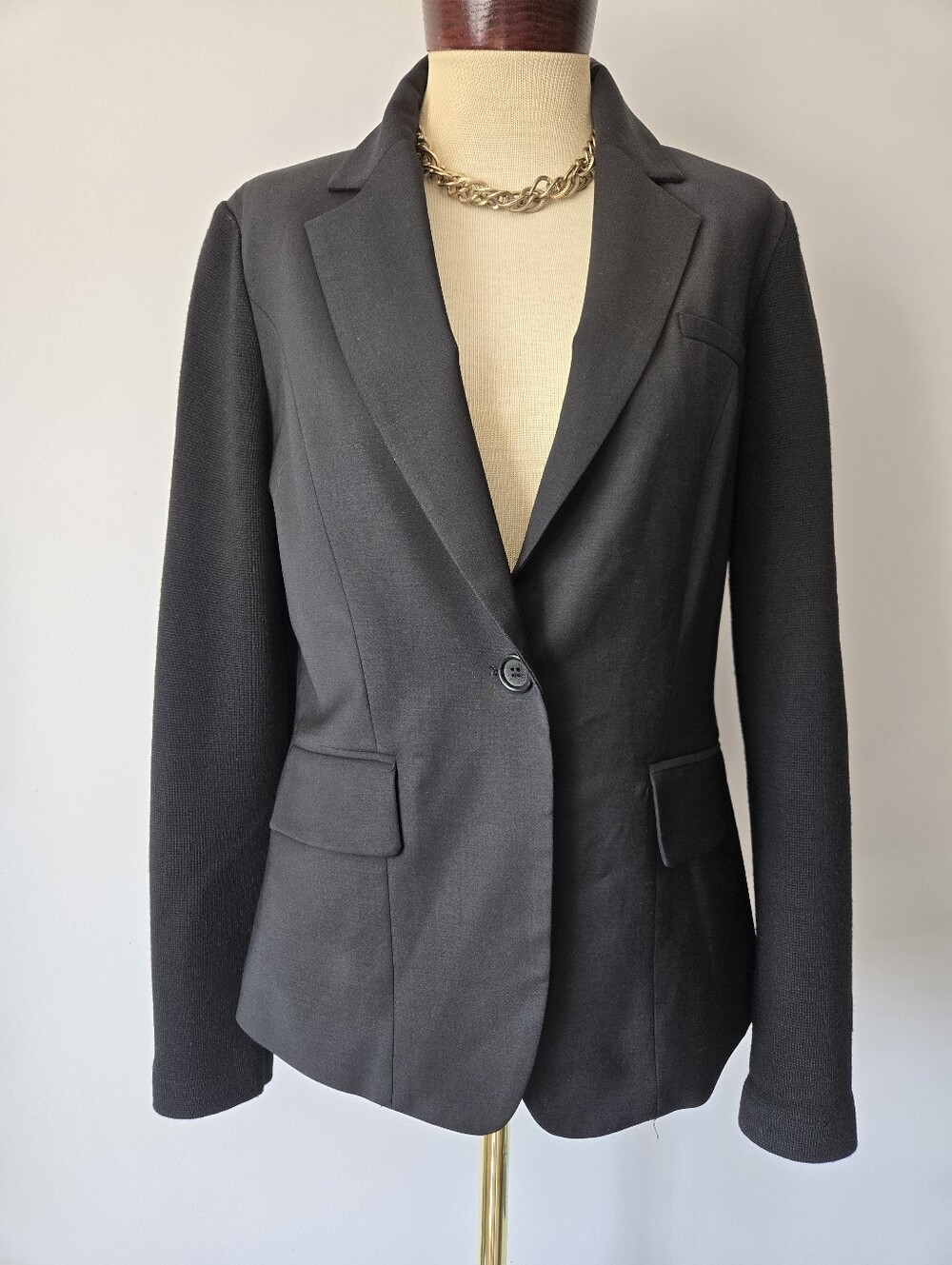 Pink Tartan Wool Blazer With Merino Wool Knit Sleeves And Leather Elbow Patches.